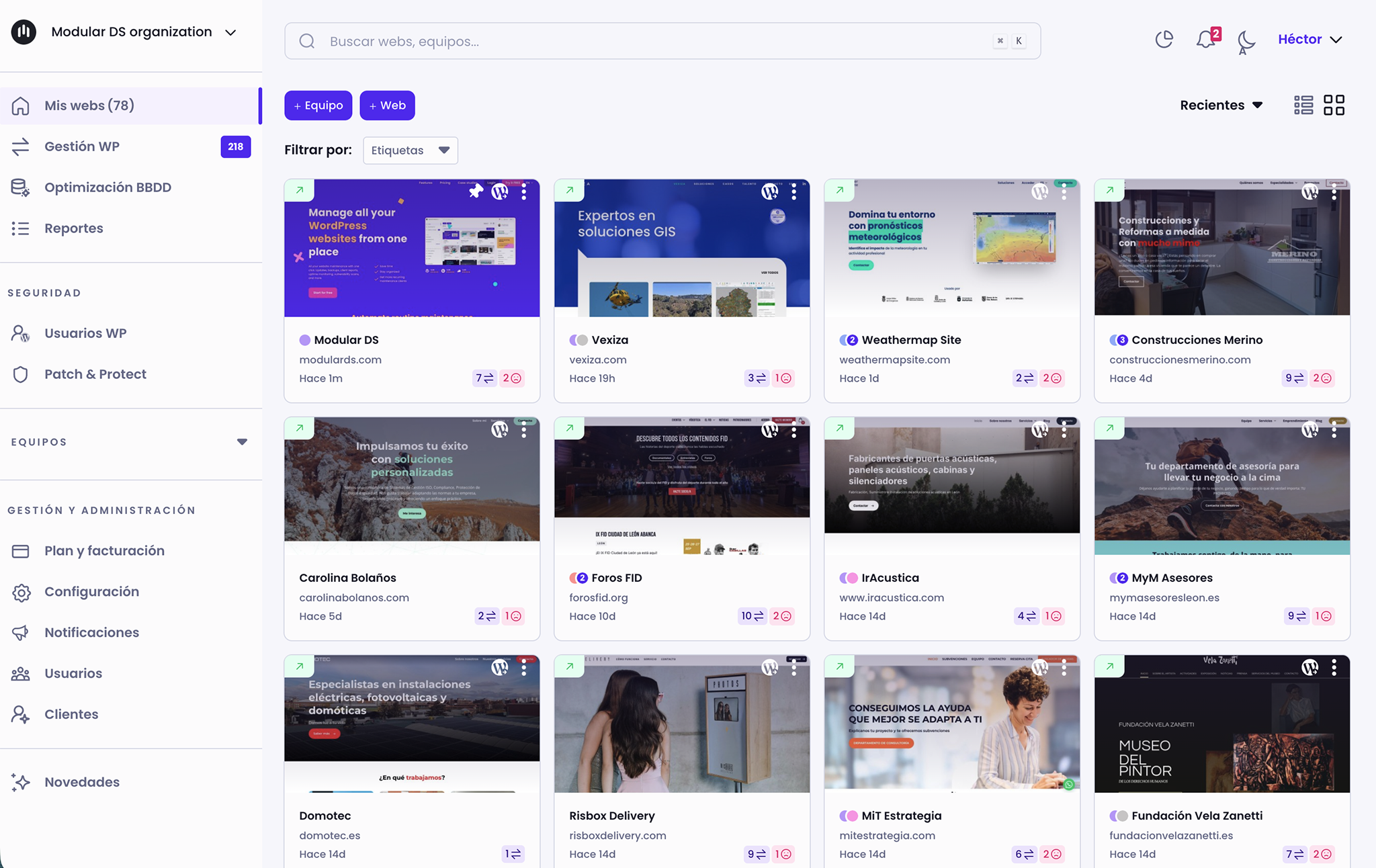 Vista de webs de WordPress desde el panel centralizado de Modular DS