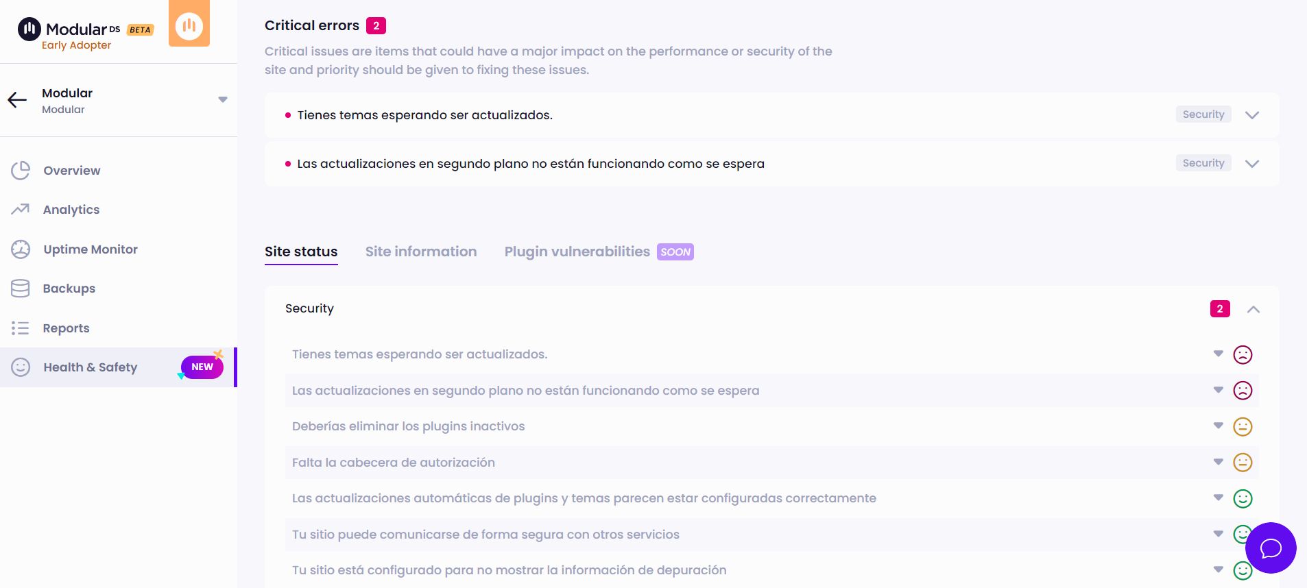 Critical errors and site information Modular