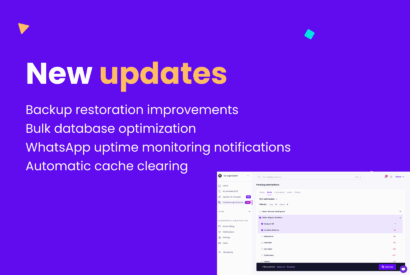 Image with purple background with a Modular DS dashboard screenshot in the bottom-right corner and white and yellow text that says “New updates. Backup restoration improvements, bulk database optimization, WhatsApp uptime monitoring notifications, and automatic cache clearing.