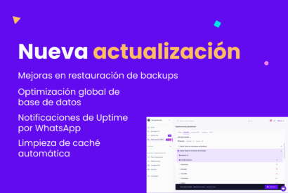 Imagen con fondo morado que anuncia nuevas funcionalidades de Modular DS: mejoras en restauración de backups, optimización global de bases de datos, notificaciones de uptime por WhatsApp y limpieza de caché automática.