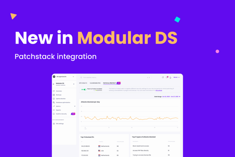 Decorative image with the text “New in Modular DS – Patchstack integration” on a purple background, featuring a screenshot of the new Patch & Protect add-on in Modular DS.