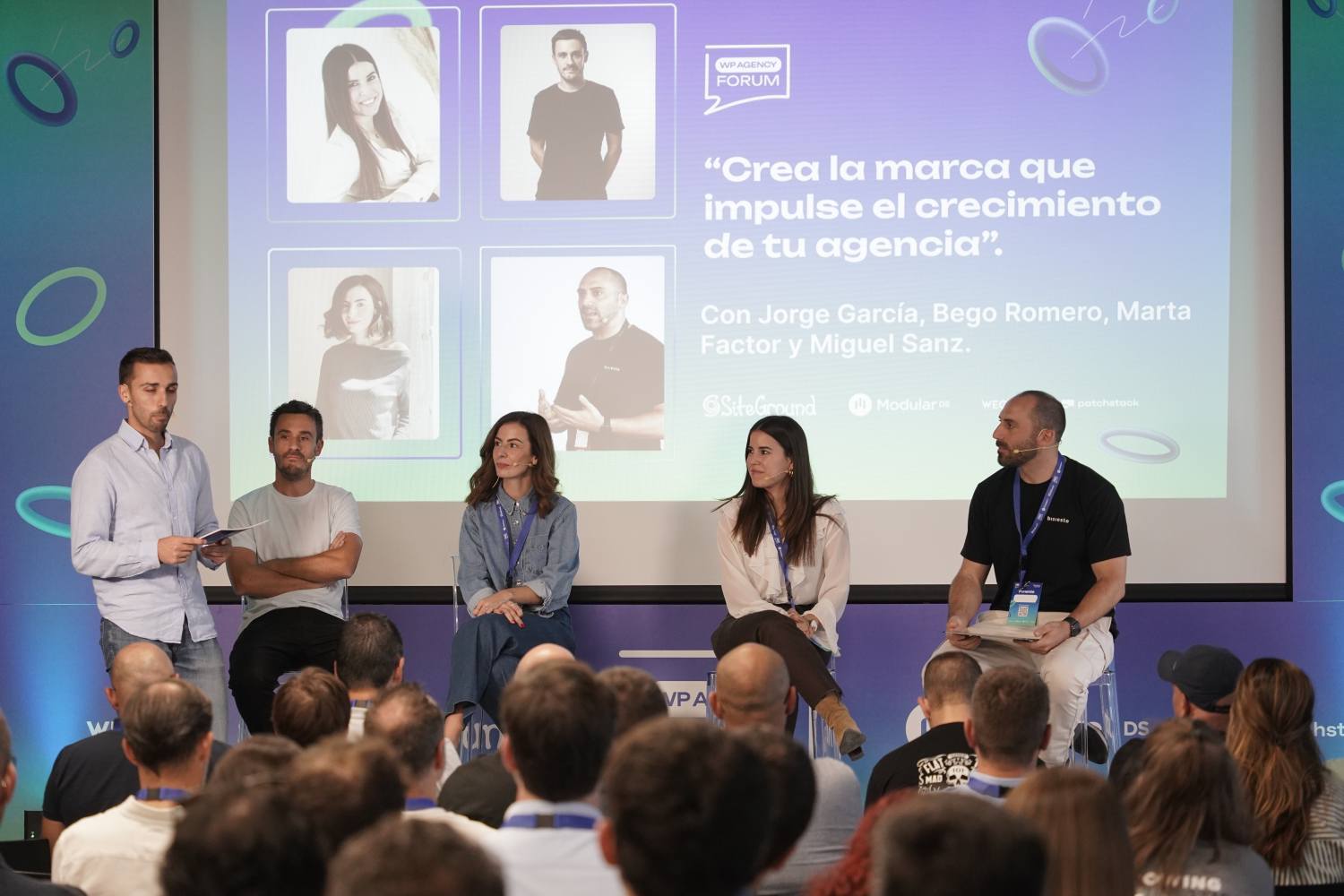 Panel de branding en el WP Agency Forum 2025 con Marta Factor, Bego Romero, Jorge García y moderación de Miguel Sanz, sobre cómo construir una marca para impulsar el crecimiento de una agencia.