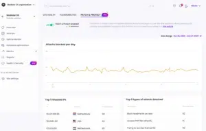 Patch & Protect add-on interface in Modular DS, showing its active status, a chart of blocked attacks per day, and tables with blocked IPs and rules.
