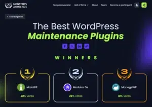 Monster’s Award 2025 winners screen for “Best WordPress Maintenance Plugins,” showing Modular DS in second place.