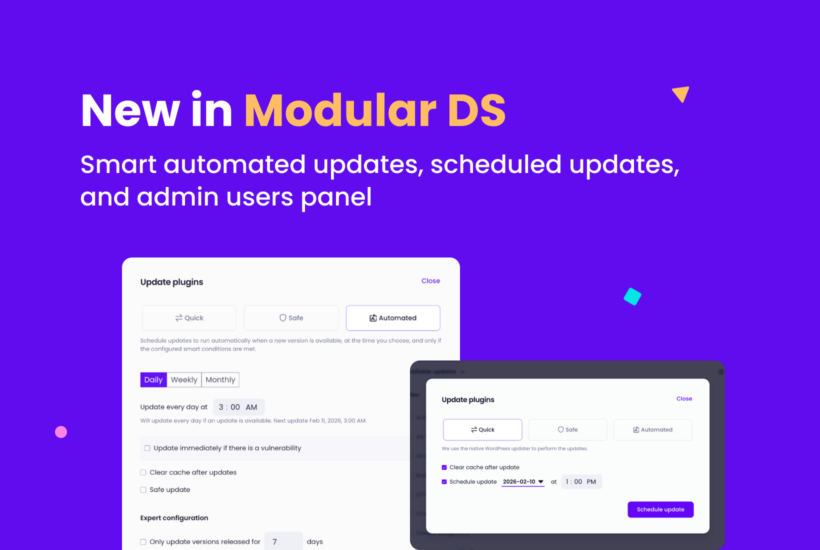Purple background with the text “New in Modular DS: Smart automated updates, scheduled updates, and admin users panel” and screenshots of the plugin update interface showing automated and scheduled WordPress updates.