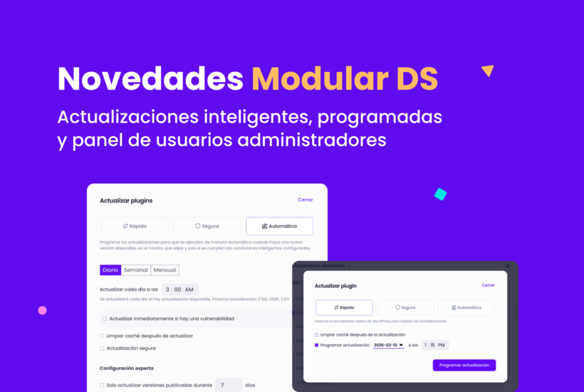 Fondo morado con el texto “Novedades Modular DS: Actualizaciones inteligentes, programadas y panel de usuarios admin” y capturas de la interfaz de Modular DS mostrando actualizaciones automáticas y programadas de plugins de WordPress.