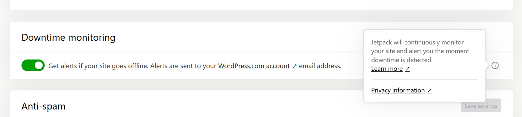 Screenshot of the Jetpack Uptime Monitor settings..