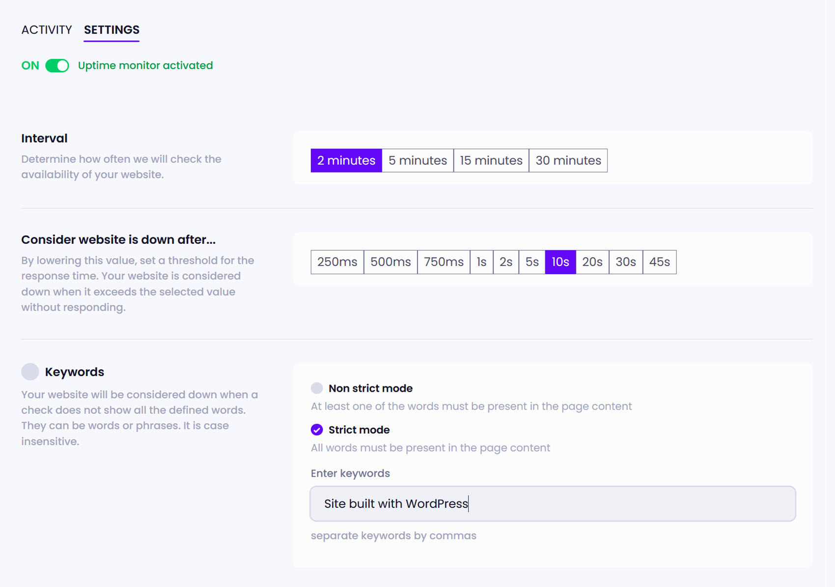Screenshot of the Modular DS Uptime Monitoring Settings.