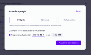 Programación de una actualización puntual de un plugin de WordPress en Modular DS, con selección de fecha, hora y limpieza de caché opcional.