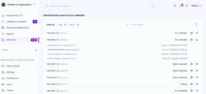 Modular DS dashboard showing the new admin users panel with a list of WordPress websites, administrator users, filters by tags and teams, and registration status.