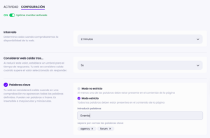 Captura de pantalla de la configuración del uptime monitor en Modular DS.
