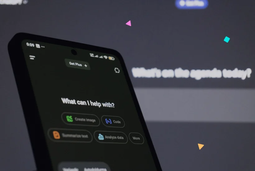 Smartphone screen displaying an AI assistant interface, with a dark background and blurred text in the background.