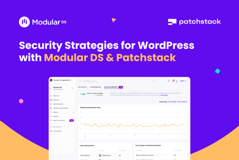 Image for the “Security Strategies for WordPress with Modular DS & Patchstack” webinar, featuring both logos and a screenshot of Patch & Protect in Modular DS.