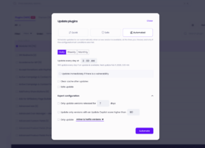 Modular DS interface showing automated WordPress plugin updates with smart conditions and scheduling options.