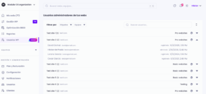 Panel de Modular DS que muestra el nuevo listado de usuarios administradores por sitio web, con filtros por etiquetas y equipos y estado de registro.