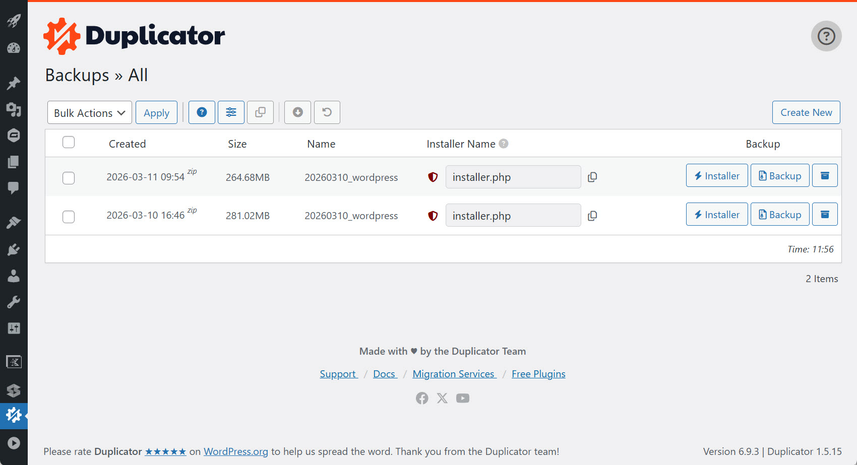 Duplicator WordPress Plugin Dashboard