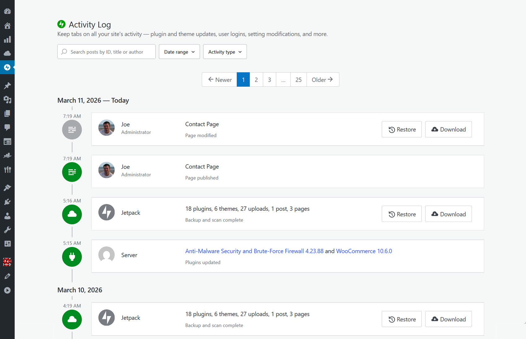 Jetpack VaultPress Backup Activity Log