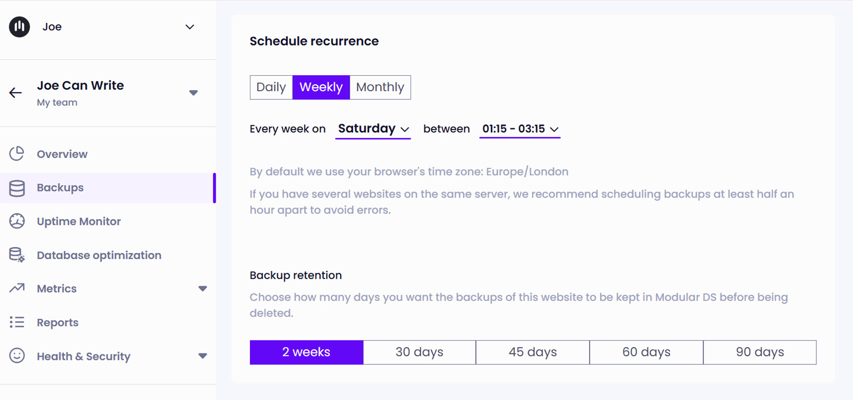 Modular DS Backup Schedule Screen
