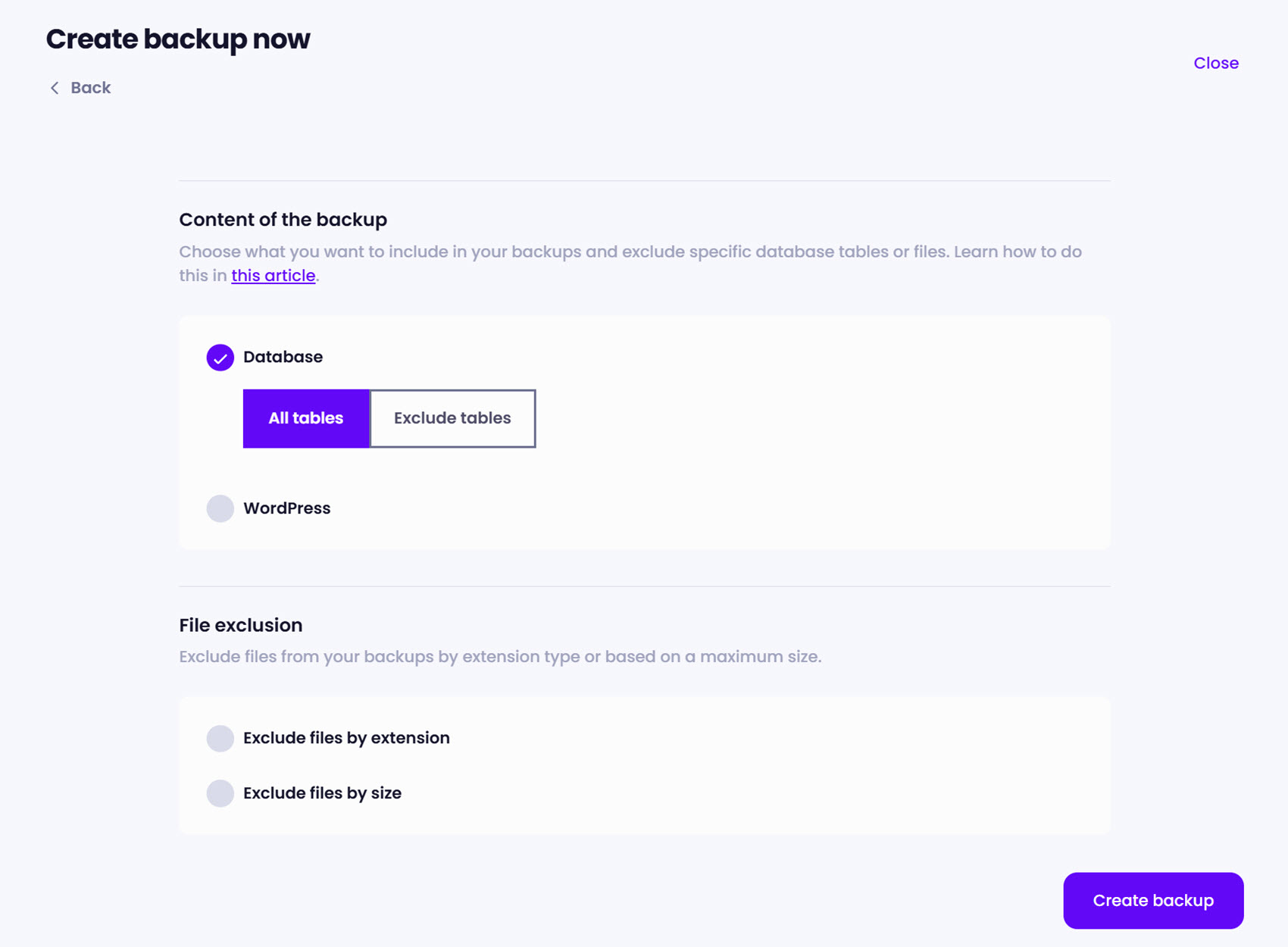 Backup Content Settings Screen