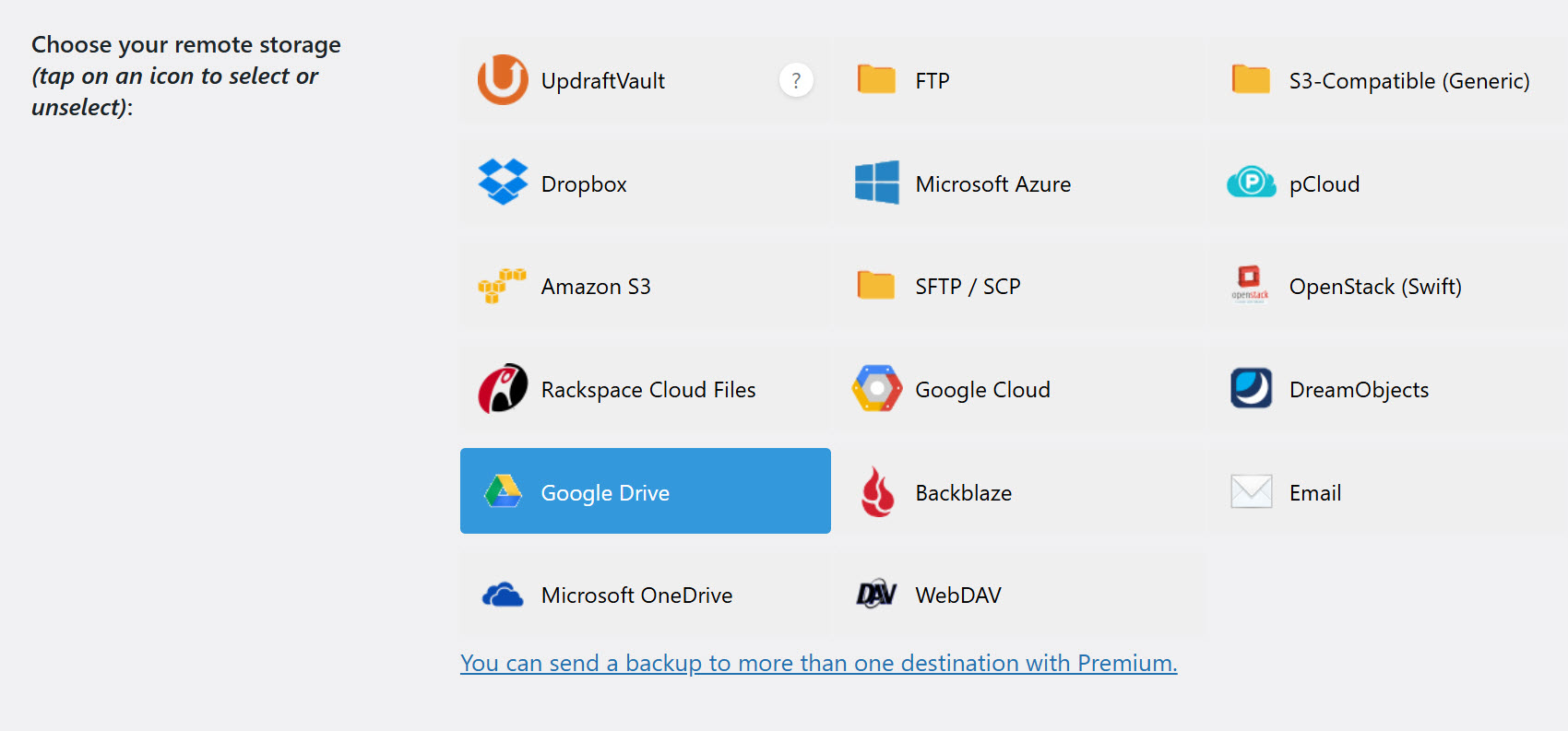UpdraftPlus Plugin Cloud Storage Settings