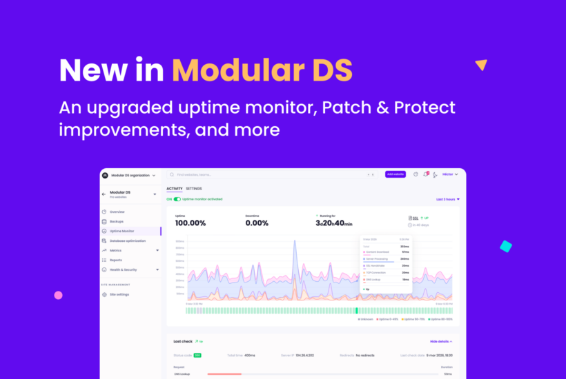 Featured image with text “New in Modular DS: An upgraded uptime monitor, Patch & Protect improvements, and more” and screenshot of the Modular DS dashboard showing the new uptime monitor with real-time stats and detailed check information.