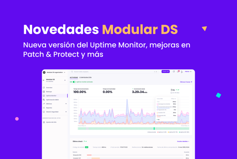 Imagen destacada con el texto “Novedades en Modular DS: Nueva versión del Uptime Monitor, mejoras en Patch & Protect y más” y una captura de pantalla del nuevo uptime monitor para webs de WordPress.