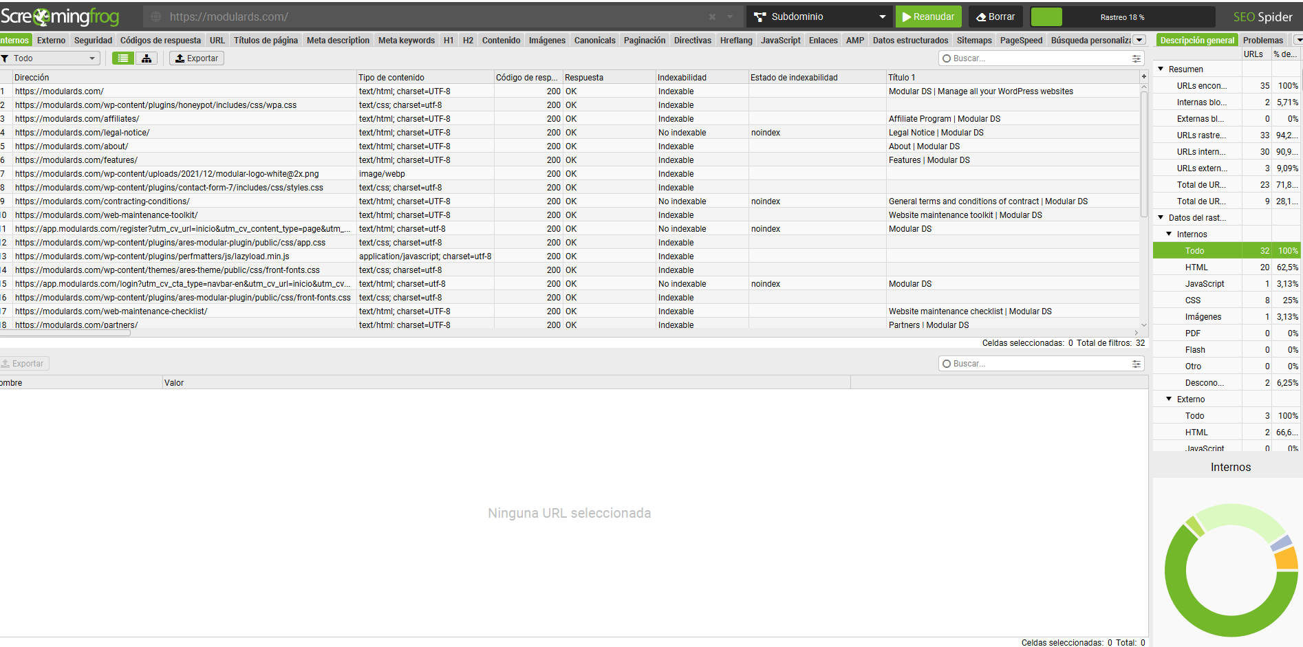Captura de pantalla de la herramienta SEO Screaming Frog SEO Spider.