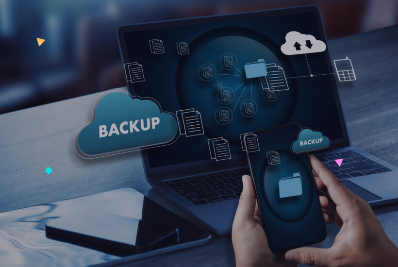 Illustration of WordPress backup management across multiple devices, showing cloud backup, file syncing, and remote storage for websites.