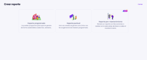 Pantalla de Modular DS para crear un reporte, con opciones de reporte programado, puntual y pre-mantenimiento.