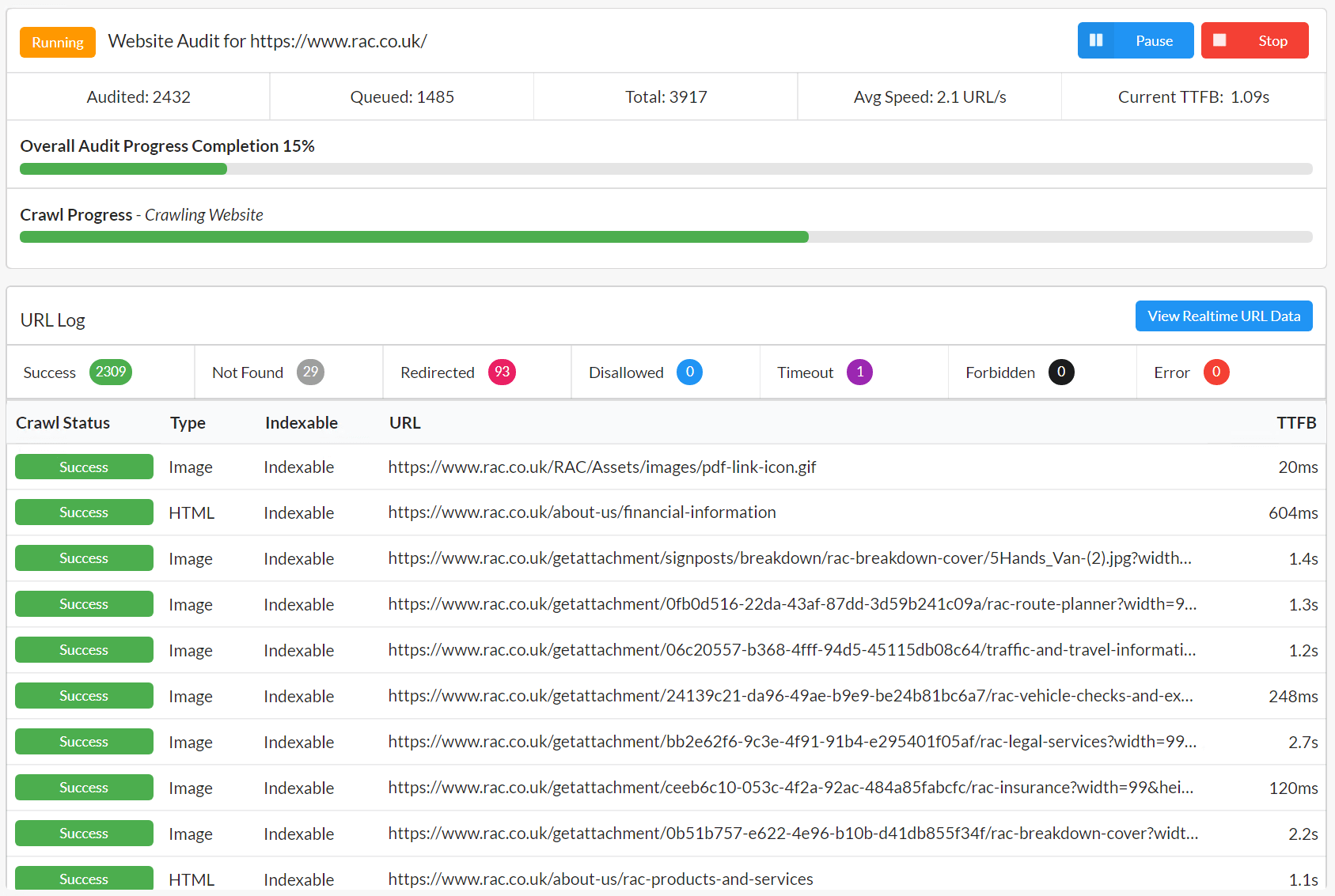 Screenshot of Sitebulb tool.
