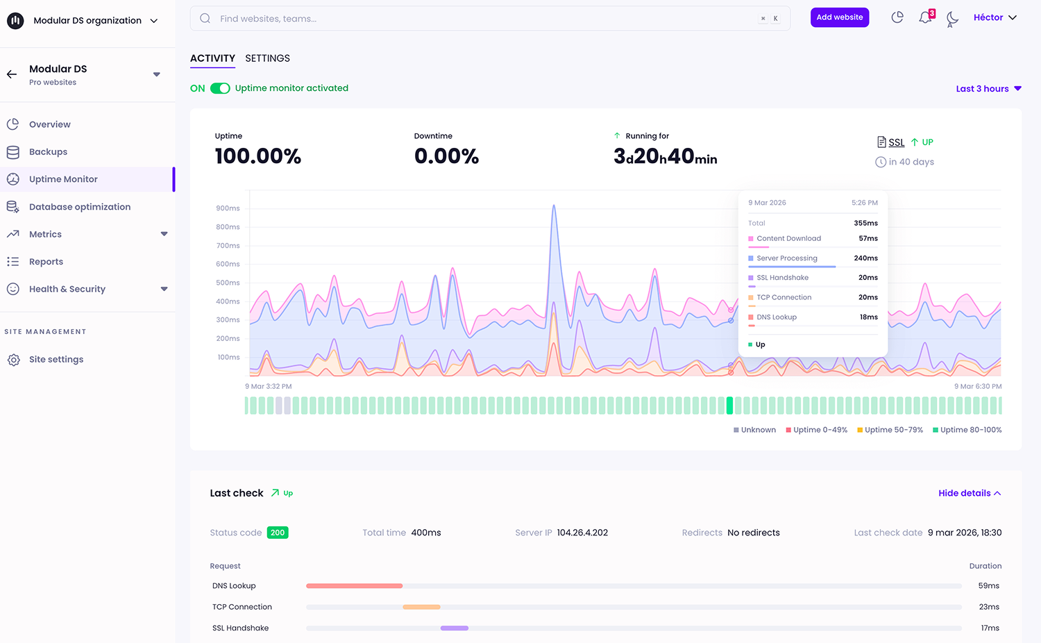 Screenshot of the new uptime monitor in Modular DS, with detailed check logs and real-time uptime stats.