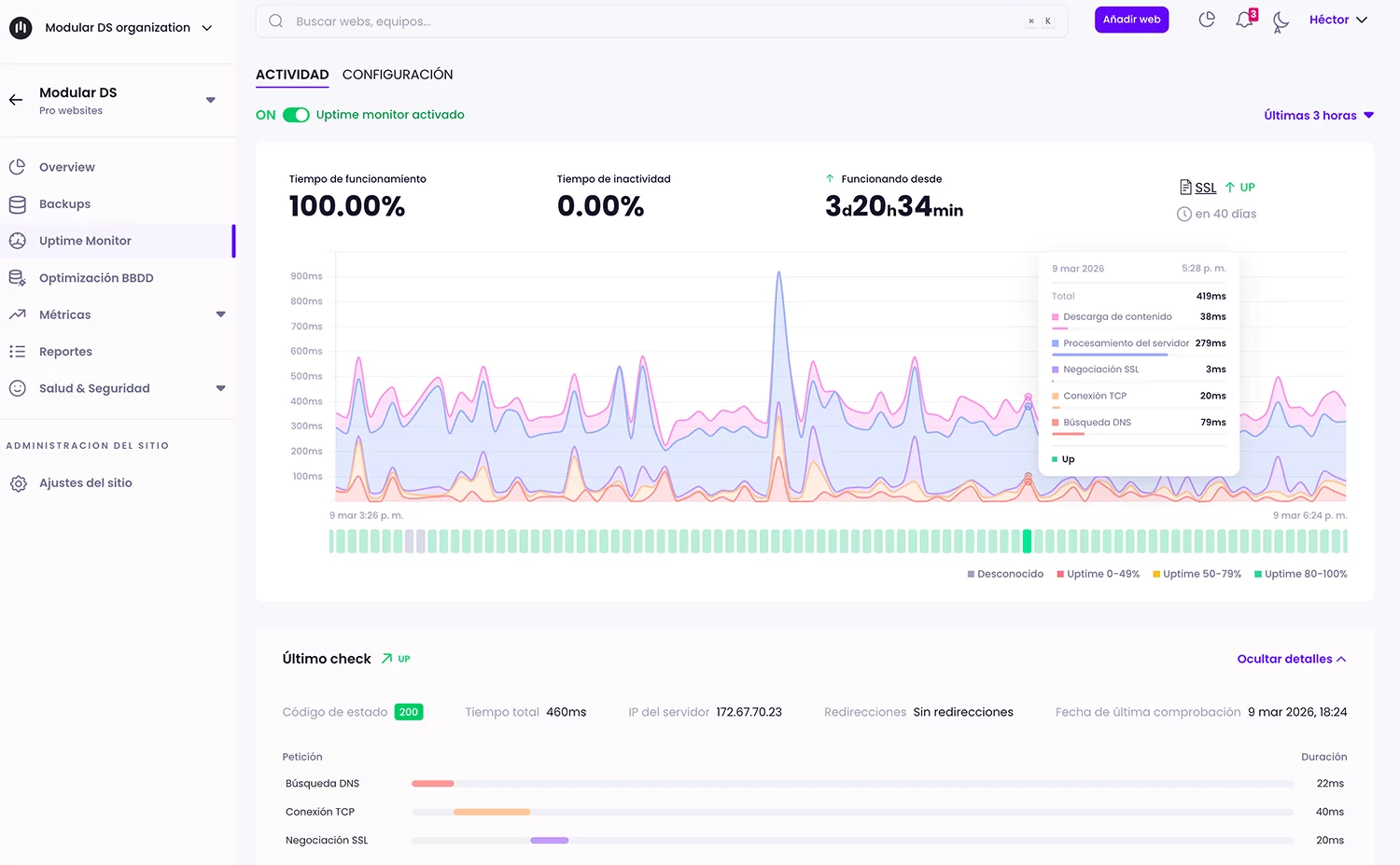 Captura de pantalla del nuevo uptime monitor en Modular DS, con un registro detallado de comprobaciones y estadísticas de uptime en tiempo real.