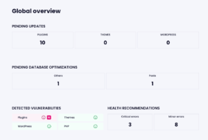 Pre-maintenance report in Modular DS showing pending updates, pending database optimizations, detected vulnerabilities, and health recommendations.