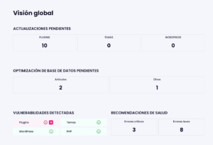 Reporte pre-mantenimiento en Modular DS con actualizaciones pendientes, optimización de base de datos, vulnerabilidades detectadas y recomendaciones de salud.