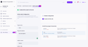 White Label settings in Modular DS for customizing plugin name, description, author, and WordPress plugin list preview on a site.