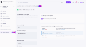 Configuración White Label en Modular DS para personalizar el nombre, la descripción, el autor y la vista previa del plugin en un sitio WordPress.