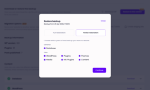 One-click backup restore window in Modular DS with partial restoration option and selection of files and database.