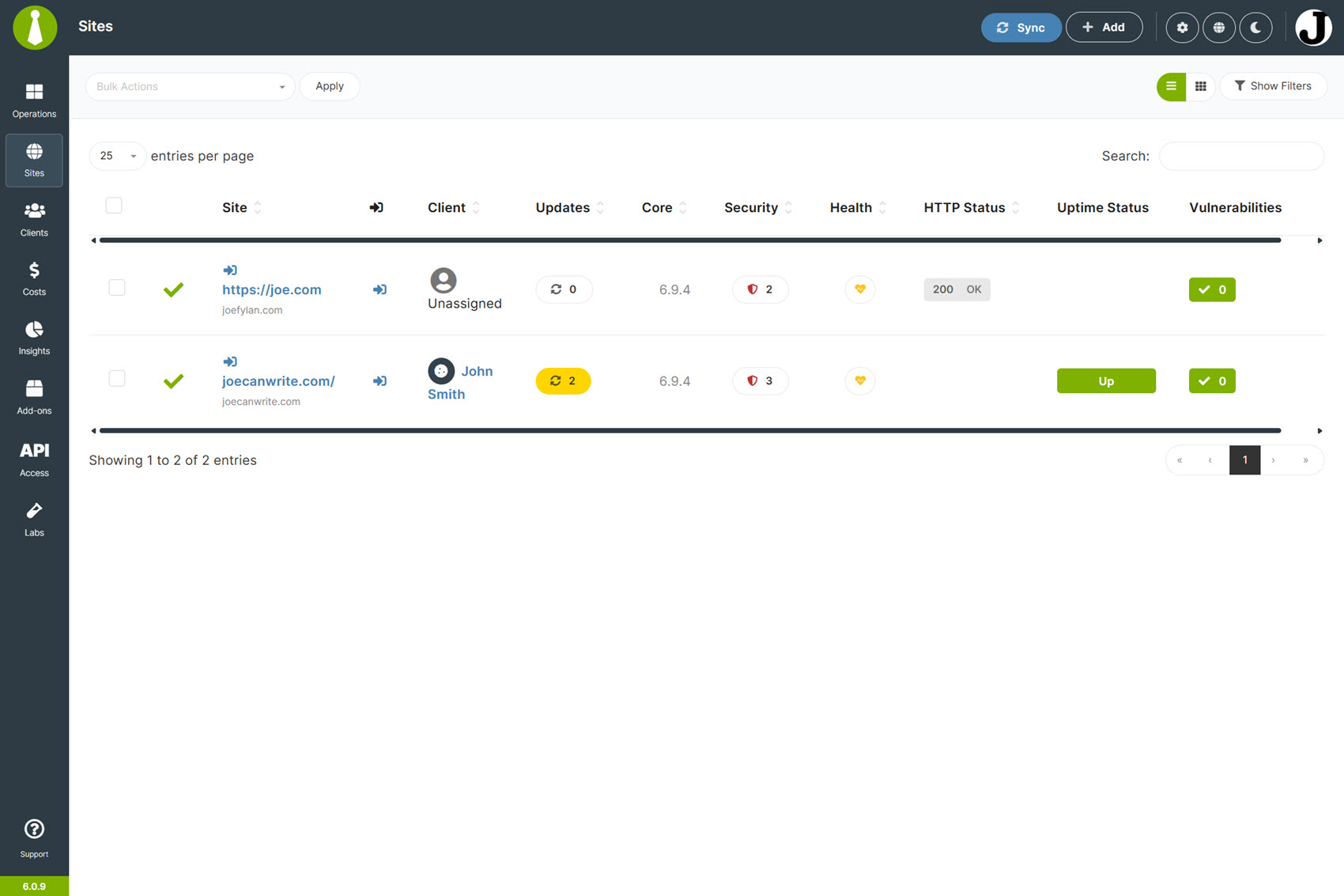 MainWP WordPress site monitoring tool dashboard