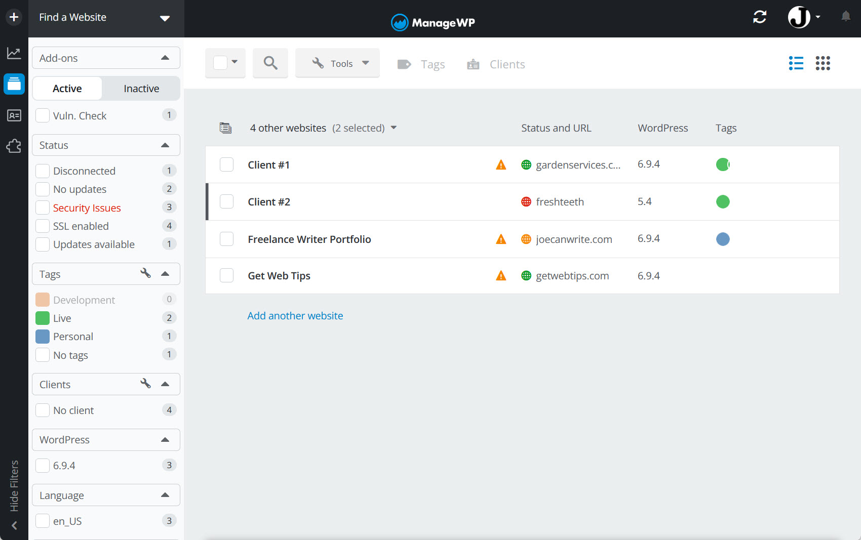 ManageWP WordPress site maintenance tool dashboard