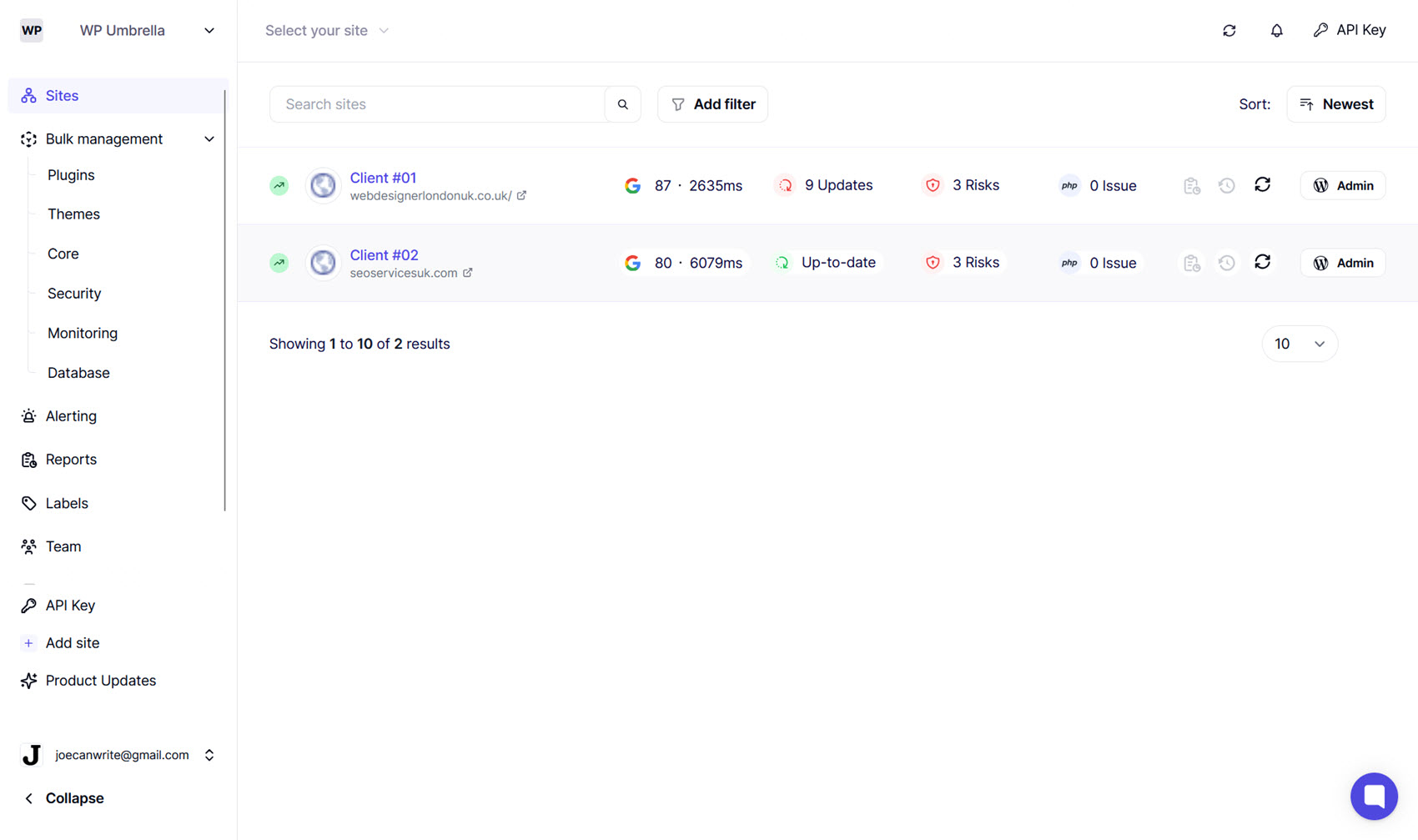 WPUmbrella dashboard