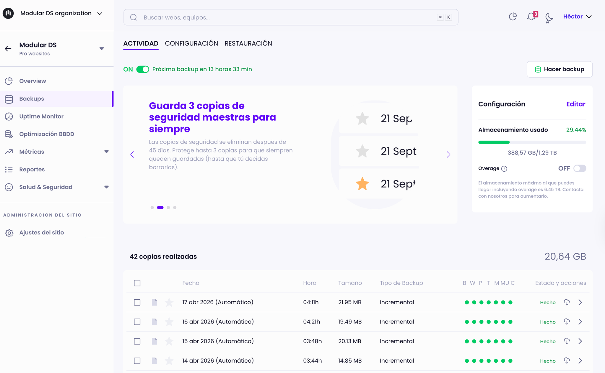 Pantalla de backups y restauraciones en Modular DS.