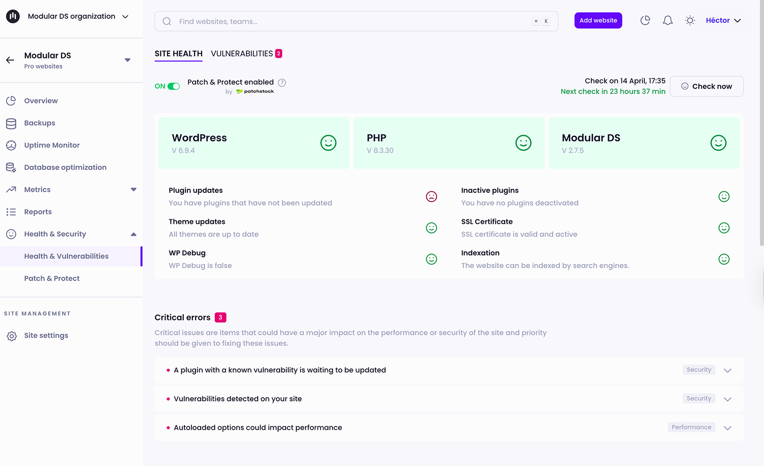 Health & Vulnerabilities section in Modular DS, showing WordPress, PHP, and plugin health status, Patch & Protect enabled, detected security issues, and critical alerts including known vulnerabilities and performance warnings.