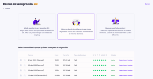 Pantalla de migración en Modular DS con opciones para migrar a una web existente, a otro servidor manteniendo el mismo dominio o clonar el sitio.