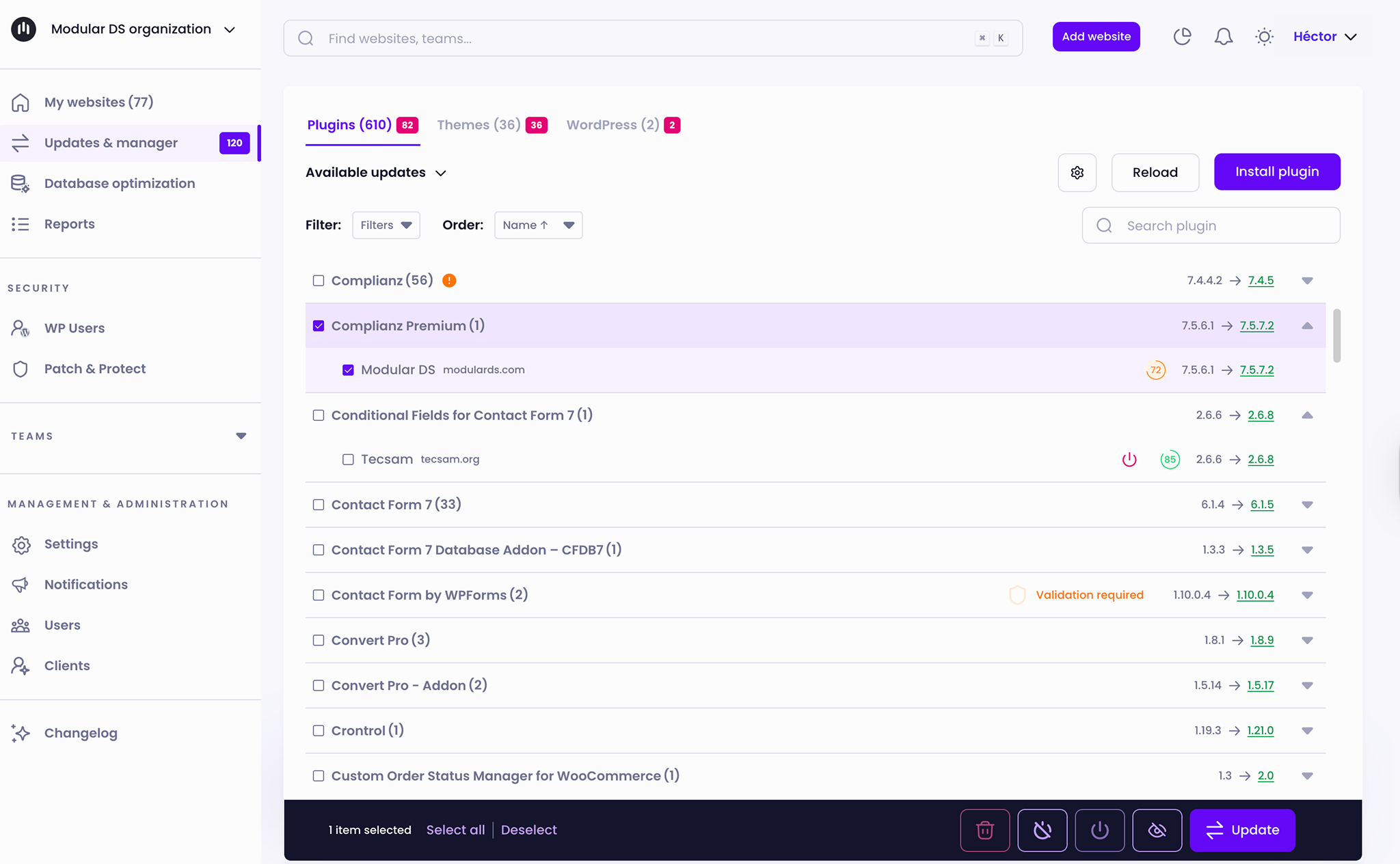 The Updates & Manager section in Modular DS, showing a global plugin updater with available updates across multiple WordPress sites, version changes, filters, Update Copilot scores, bulk actions, and one-click update controls.