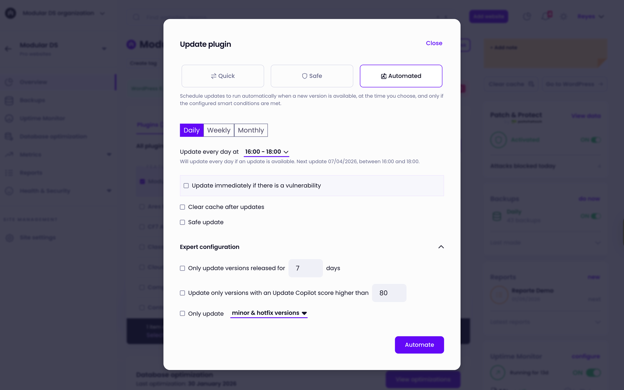Smart automated update modal in Modular DS