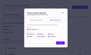 Ventana de restauración en un clic de una copia de seguridad en Modular DS, con opción de restauración parcial y selección de archivos y base de datos.