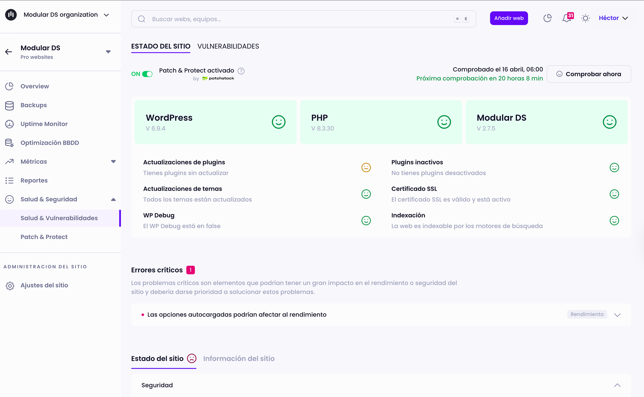 Pantalla de Salud & Seguridad en Modular DS
