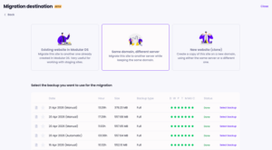 New migration screen in Modular DS with options to move a website, clone it, or switch servers.