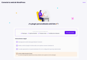 Captura del último paso del proceso de importación de webs en bloque en Modular DS: descarga del plugin personalizado de Modular Connector con backups, uptime monitor, enlaces rotos y análisis de malware preconfigurados, listo para instalar en las webs de WordPress a añadir.