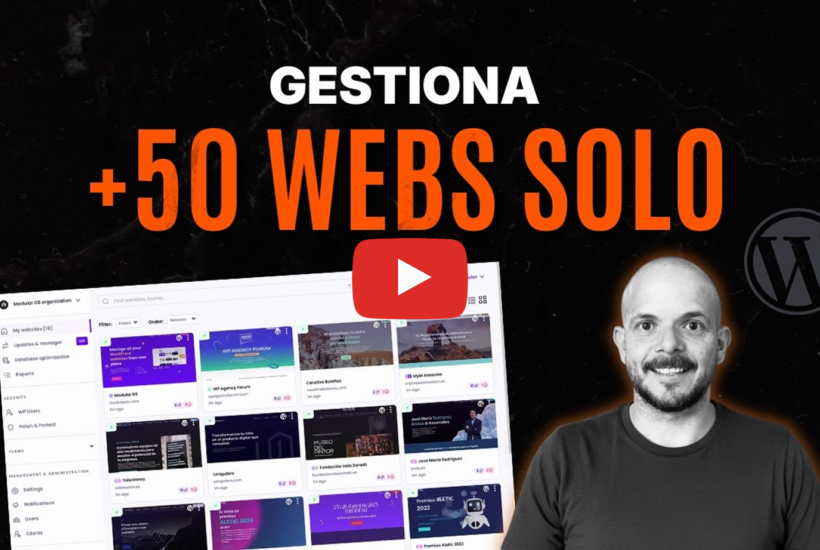 Thumbnail del vídeo review de Emmanuel Gutiérrez con texto "Gestiona +50 webs solo" y captura del dashboard de Modular DS.